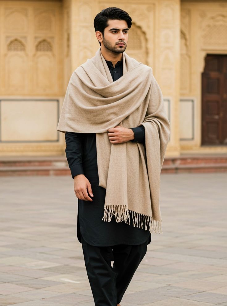 Premium Light Beige Wool Shawl for Men – Classic Winter Wrap